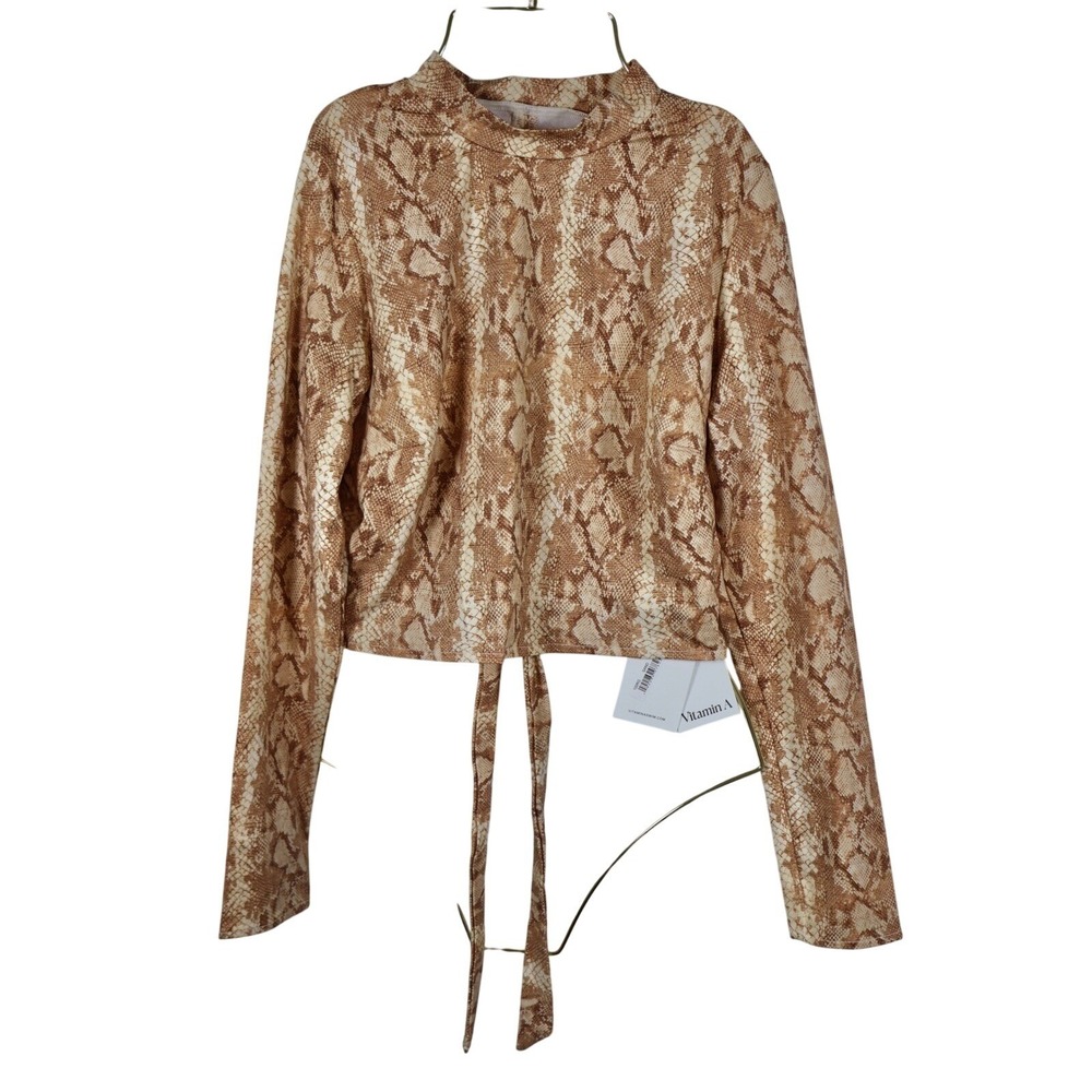 Vitamin A Swim top Rash Guard Snake NWT Long Sleeve Tie Back Crop Mock‎ Neck L